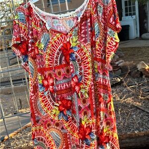 Ruff Hewn Red and Orange Graphic Short Sleeve Blouse with fringe at the bottom.